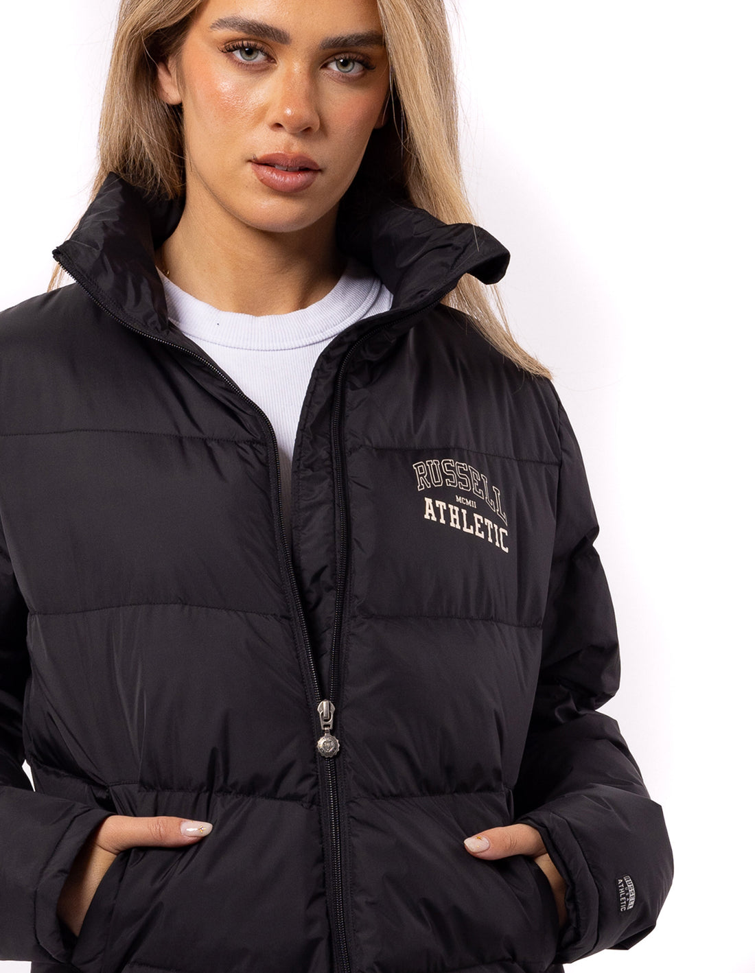 Russell Athletic Arch Logo Ženske Puffer Jakna Crne | HQITPG679